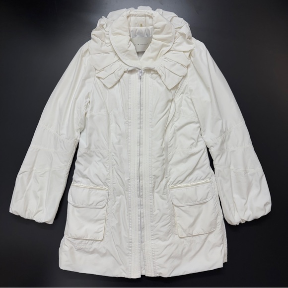 Elie Tahari White Lightweight Anorak‎ Ruffle Layered Collar Puffer Coat - Picture 1 of 16